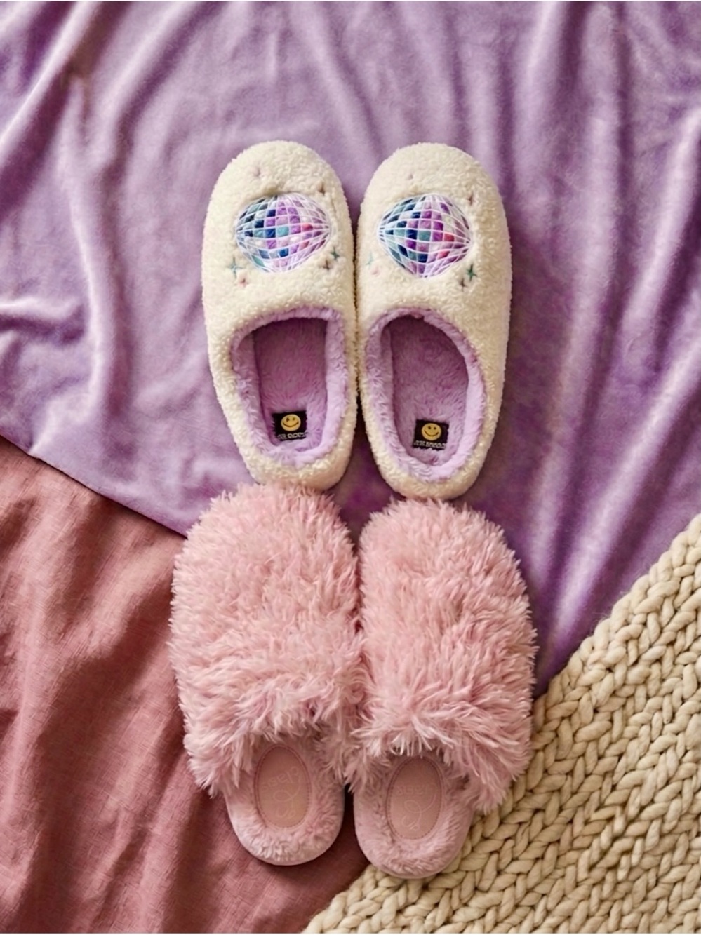 Joe Boxer and Art Class Slipper Bundle Disco Ball Fuzzy Pink House Shoes Size L